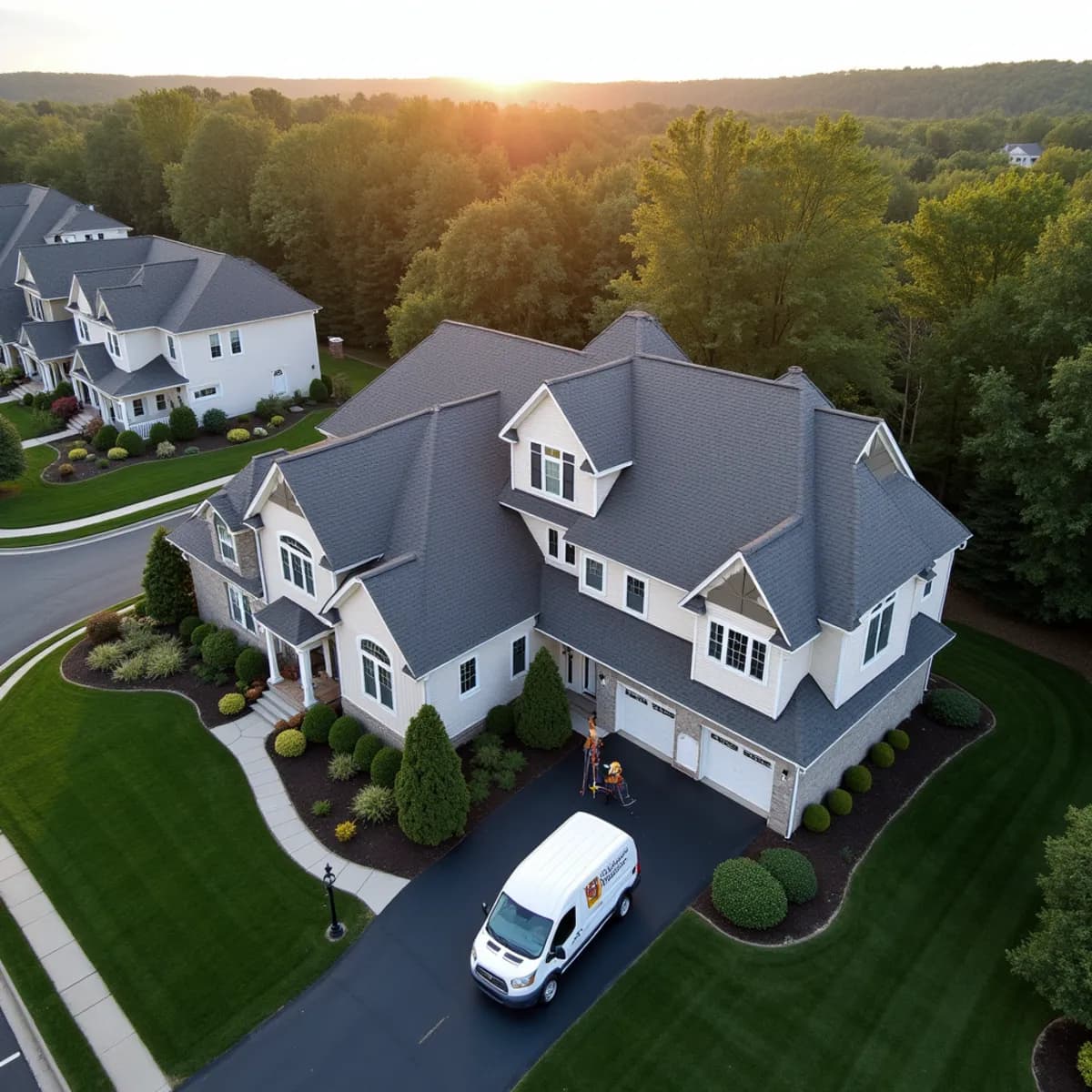 Large colonial homes with asphalt shingle roofs in a Bridgewater NJ neighborhood, Somerset County