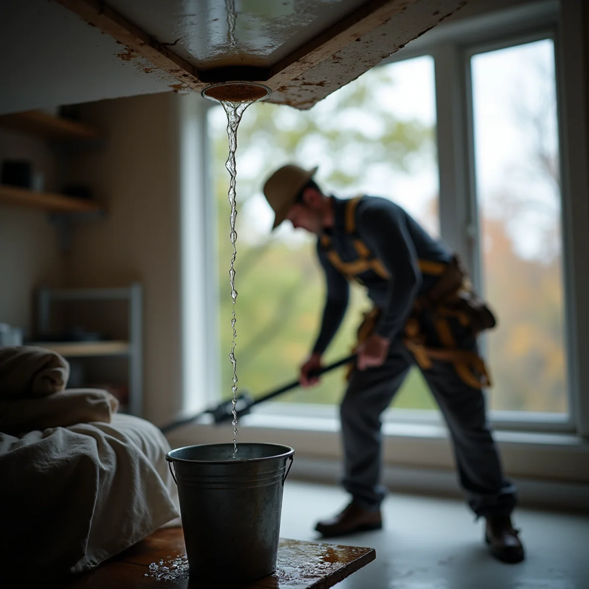 Water actively dripping inside: Emergency Roof Repair warning sign on a New Jersey home