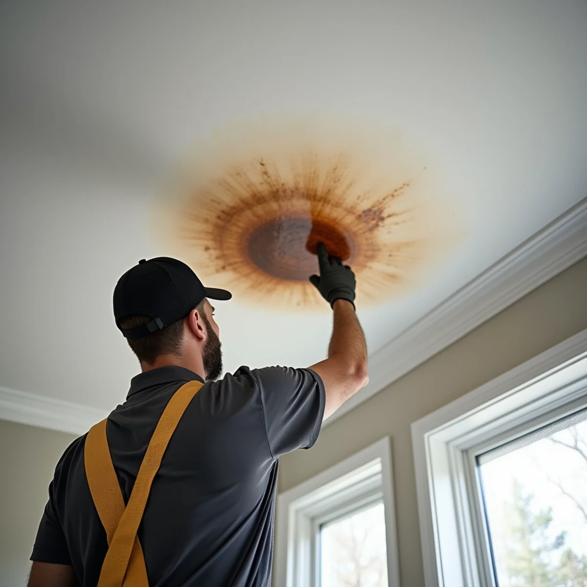 A ceiling stain spreading during rain: Emergency Roof Repair warning sign on a New Jersey home