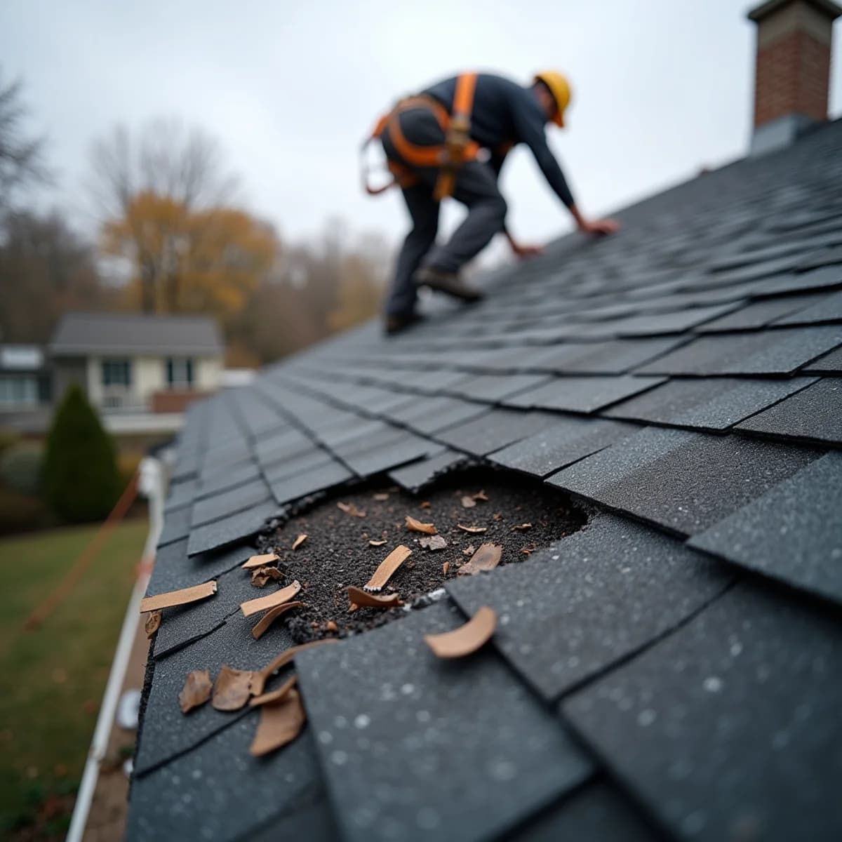 Shingles torn off by wind: Emergency Roof Repair warning sign on a New Jersey home
