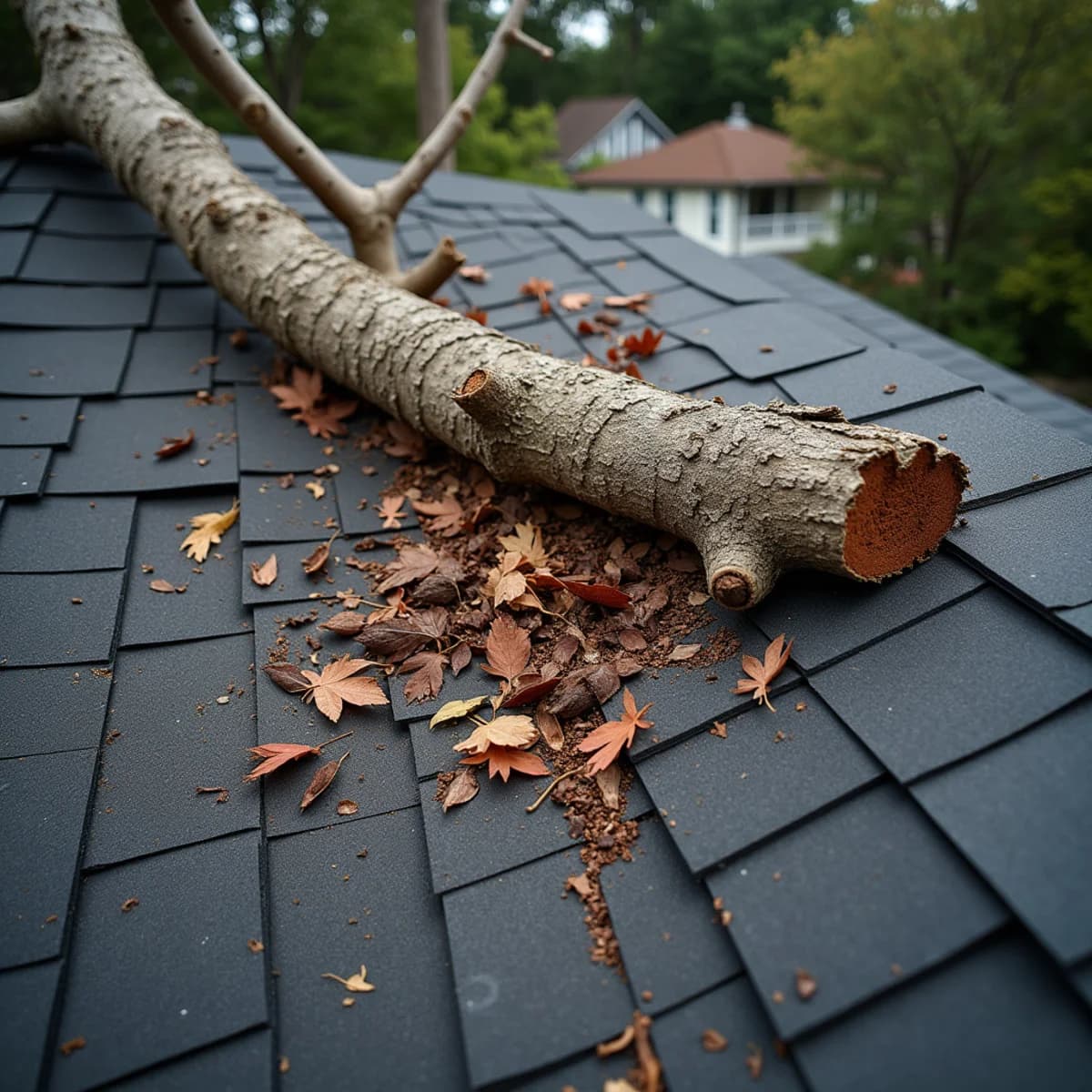 A tree limb or debris strike: Emergency Roof Repair warning sign on a New Jersey home
