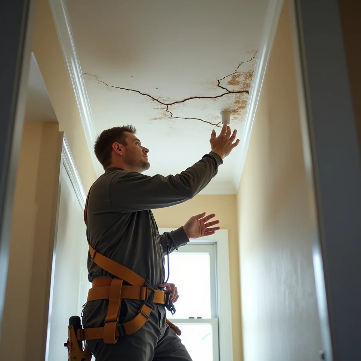 Sagging ceiling drywall: Emergency Roof Repair warning sign on a New Jersey home