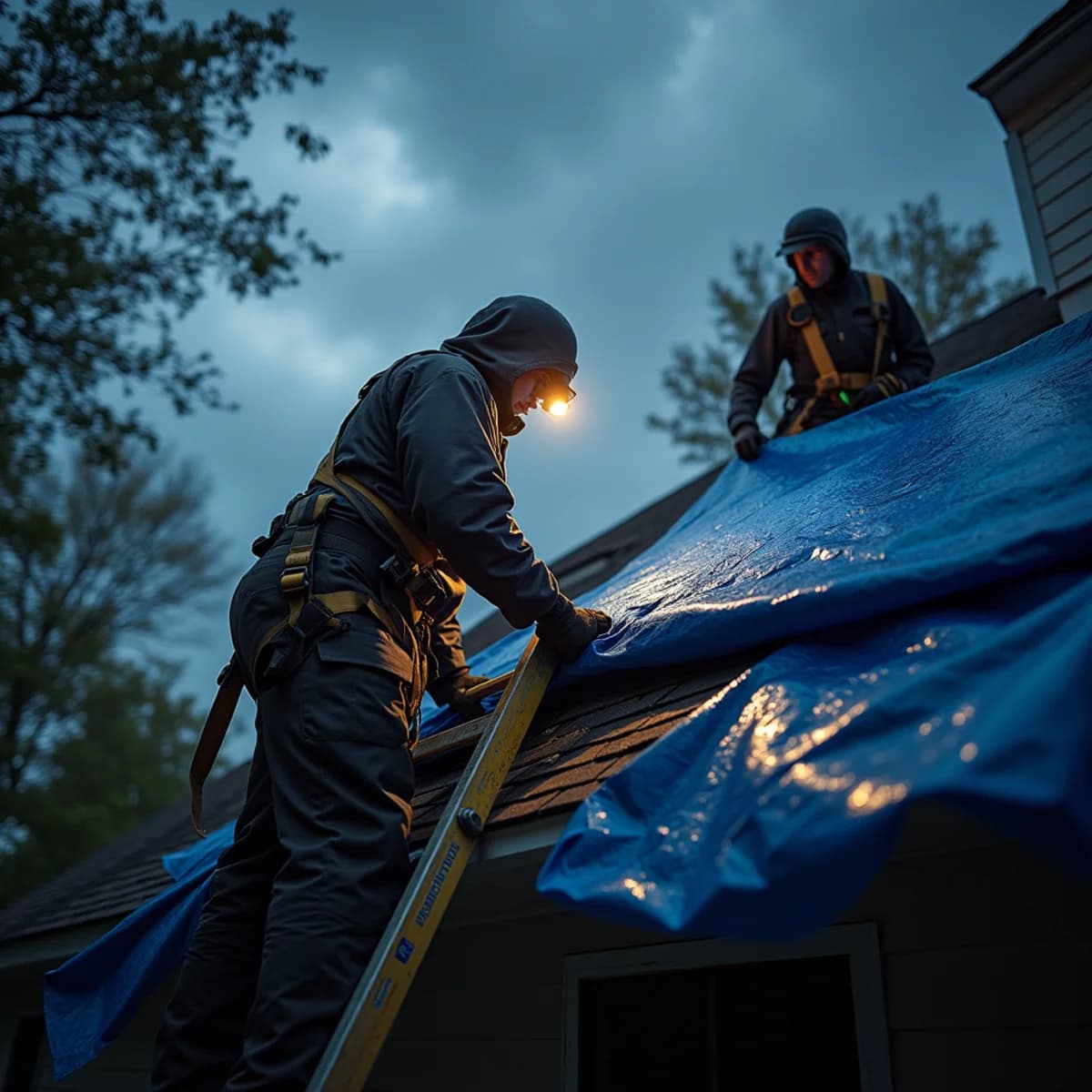 Roofing technician performing emergency tarp installation on a storm-damaged shingle roof in Bergenfield NJ