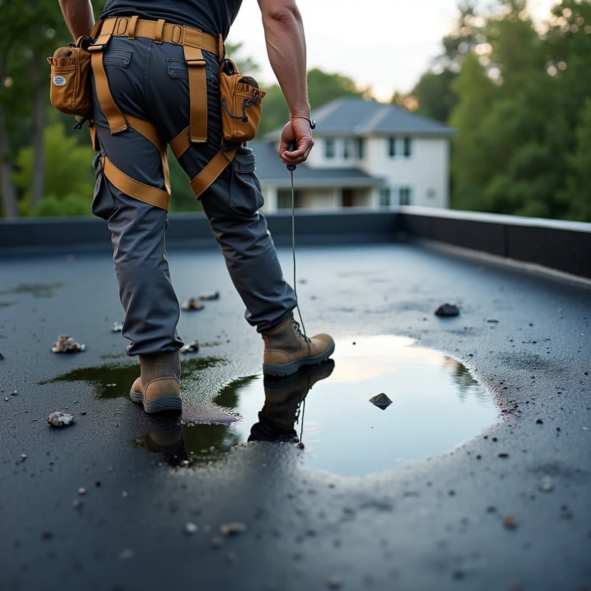 Ponding water: Flat & Low-Slope Roofing warning sign on a New Jersey home