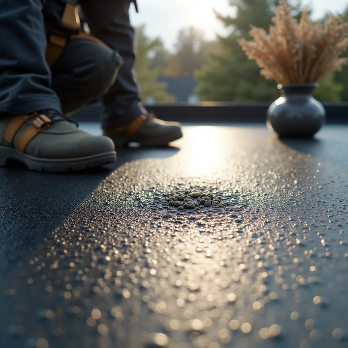 Blisters and bubbles: Flat & Low-Slope Roofing warning sign on a New Jersey home