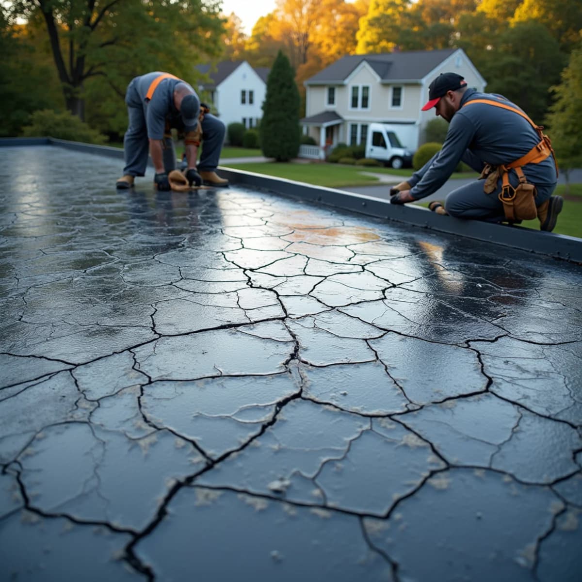 Cracked or alligatored surfacing: Flat & Low-Slope Roofing warning sign on a New Jersey home