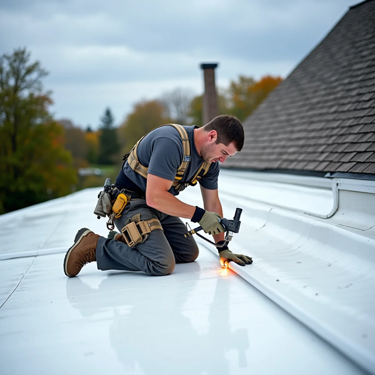 Technician heat-welding a TPO membrane seam on a low-slope roof section in Bergenfield NJ