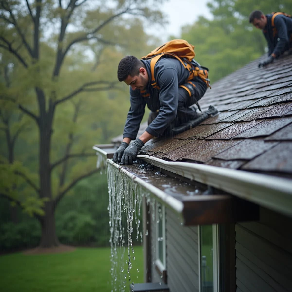 Overflow sheeting over the edges: Gutter Installation warning sign on a New Jersey home