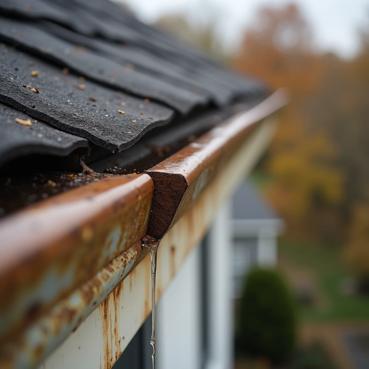 Seam drips and rust streaks: Gutter Installation warning sign on a New Jersey home