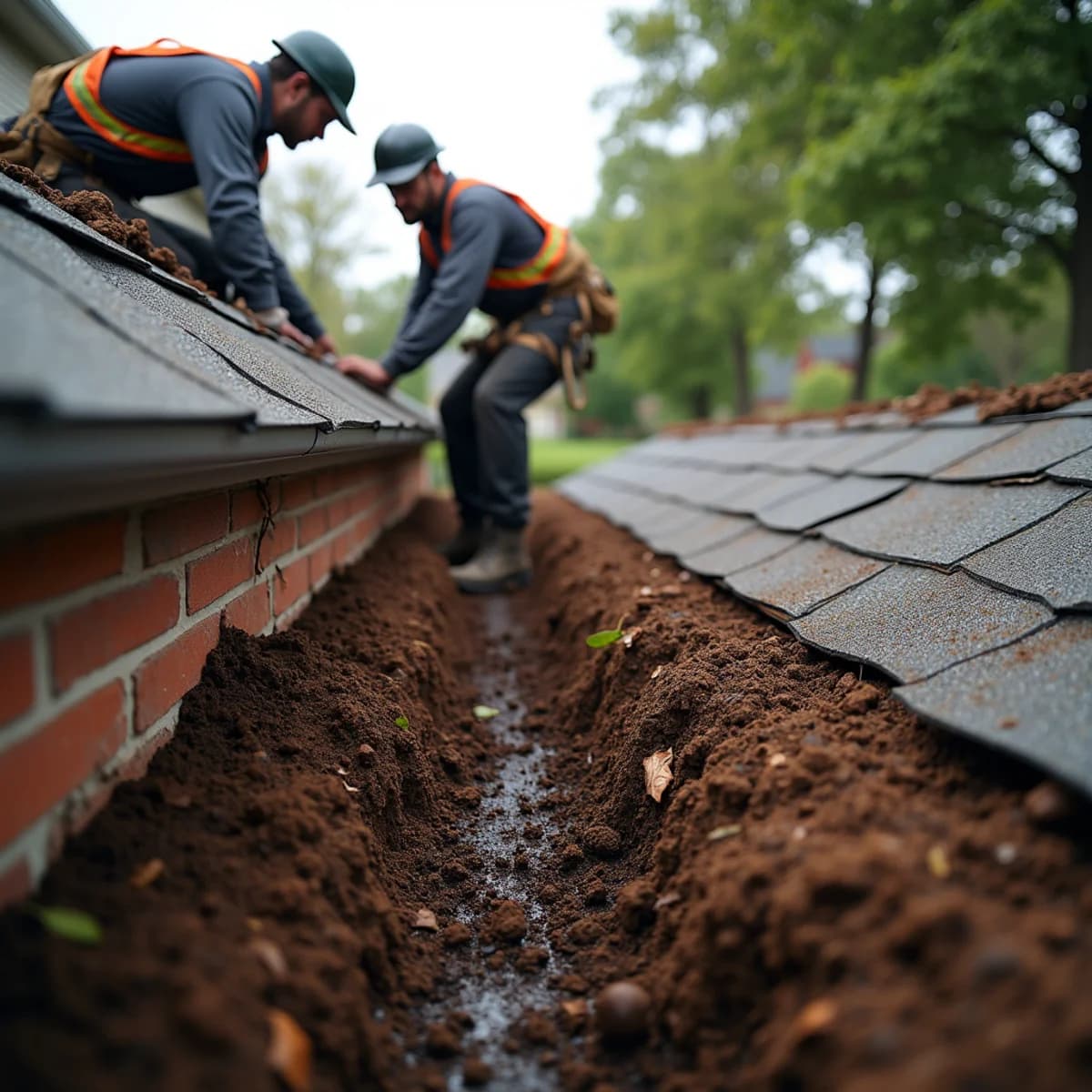 Eroded mulch and soil trenches below: Gutter Installation warning sign on a New Jersey home