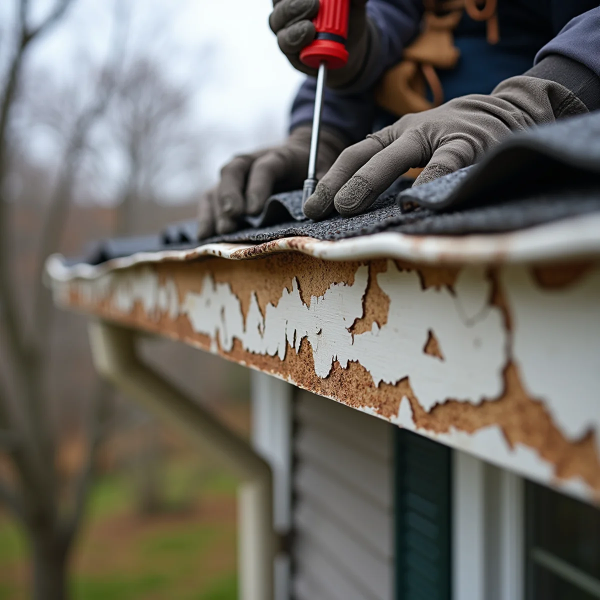 Peeling paint or rot on fascia and soffits: Gutter Installation warning sign on a New Jersey home