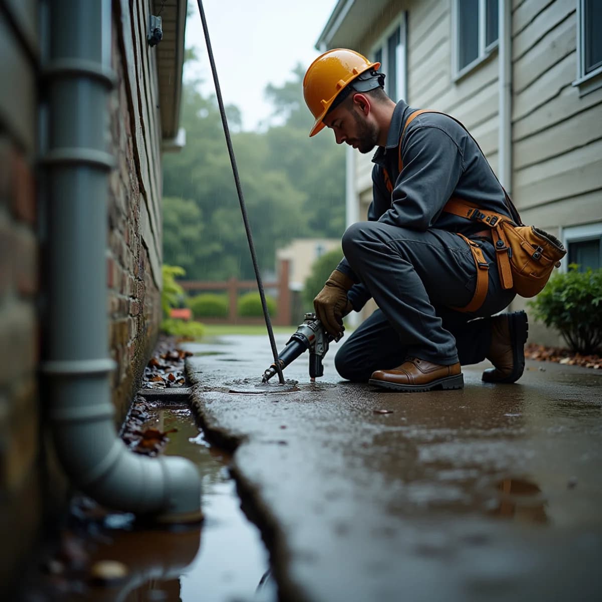 Basement dampness after rain: Gutter Installation warning sign on a New Jersey home