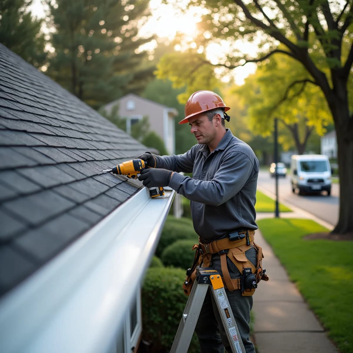Installer fitting seamless aluminum gutters on a home during gutter installation in Bergenfield NJ