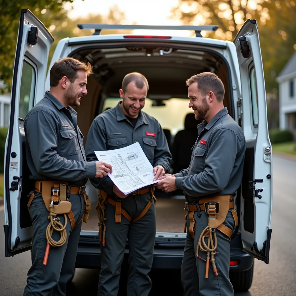 Roofing Renew technicians reviewing a roof repair plan beside their work van in Bergen County NJ
