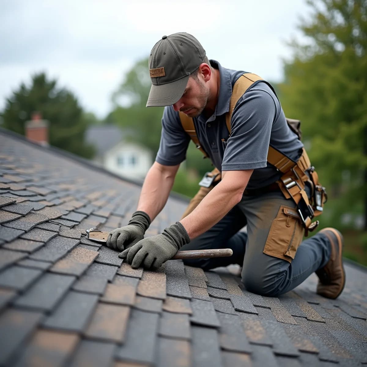 Roofer replacing damaged asphalt shingles during a residential roof repair in Bergenfield NJ