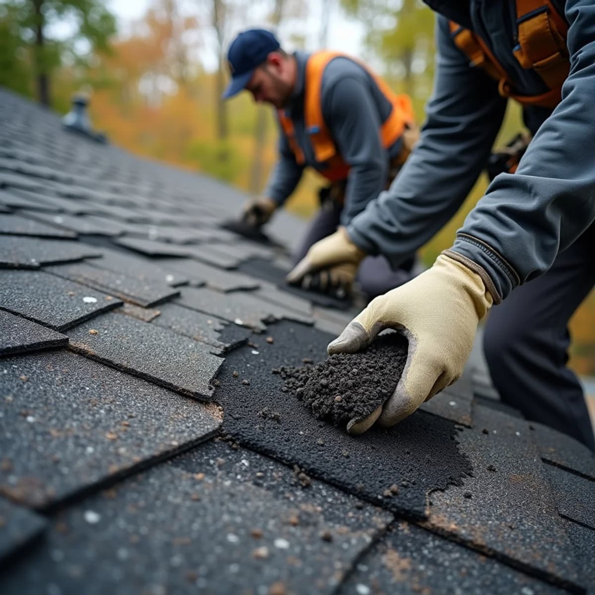 Heavy granule loss: Roof Replacement warning sign on a New Jersey home