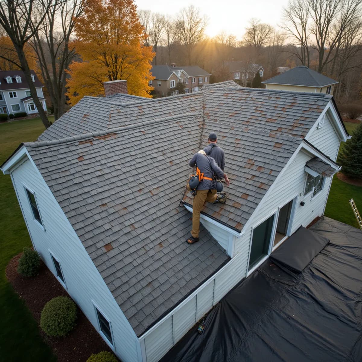 A roof past its 20–30 year window: Roof Replacement warning sign on a New Jersey home