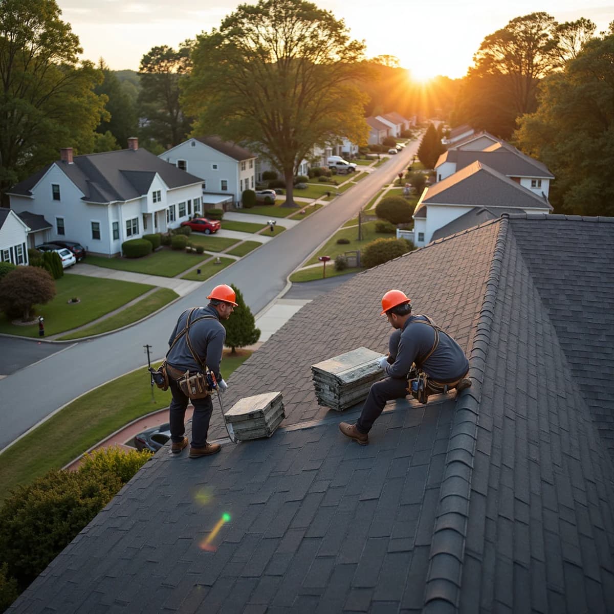 Neighbors' roofs being replaced: Roof Replacement warning sign on a New Jersey home