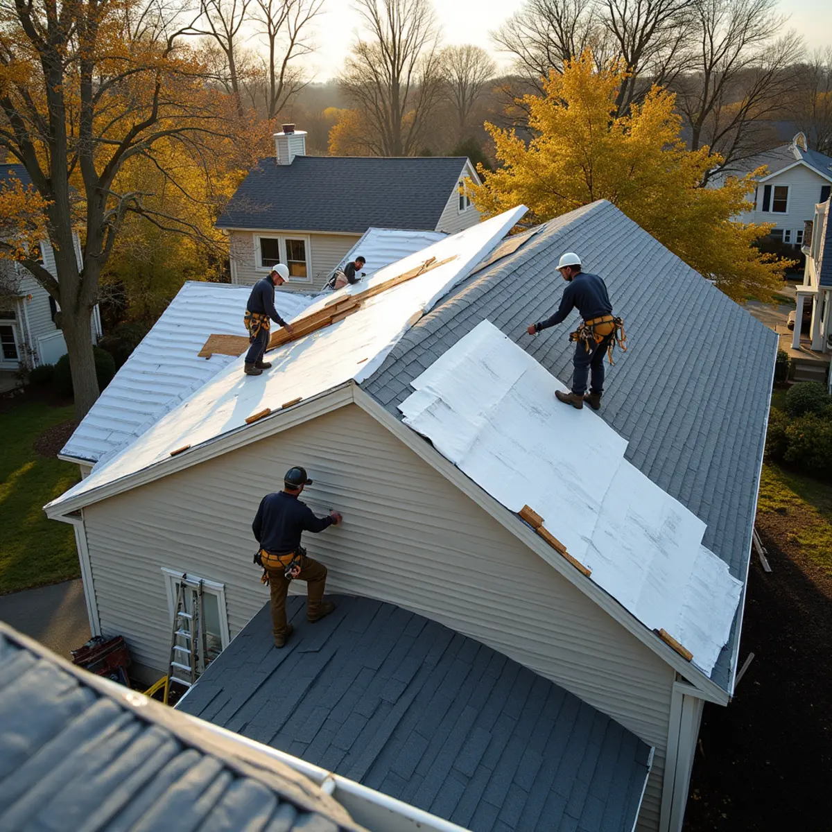 Roofing crew installing new architectural asphalt shingles on a residential roof replacement in Bergenfield NJ