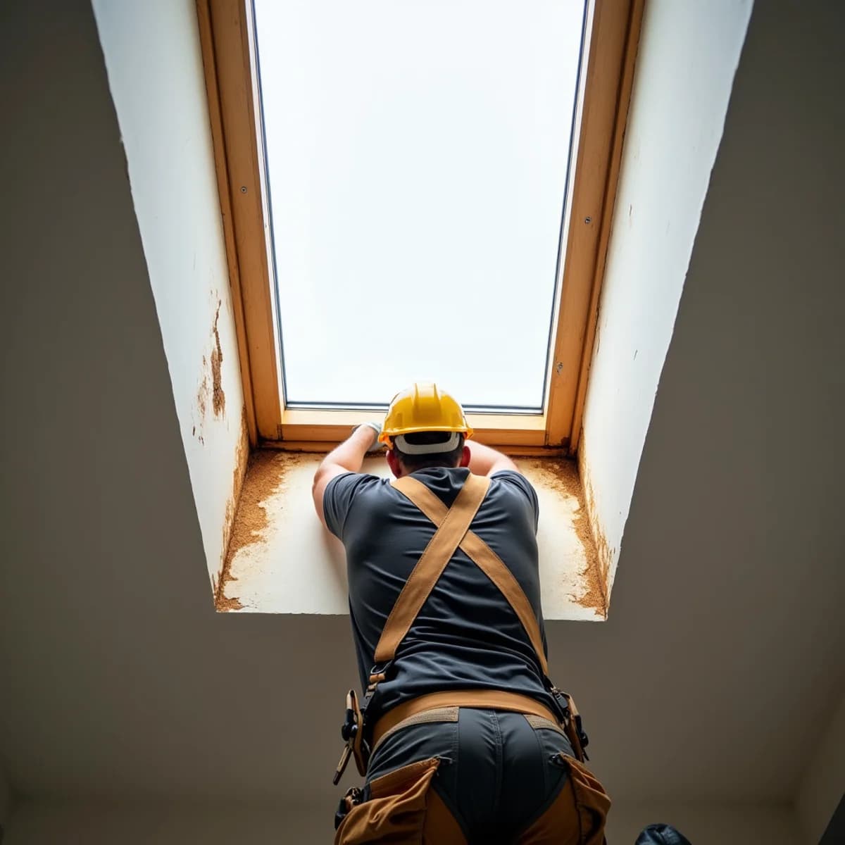 Water stains at the skylight corners: Skylight Installation warning sign on a New Jersey home