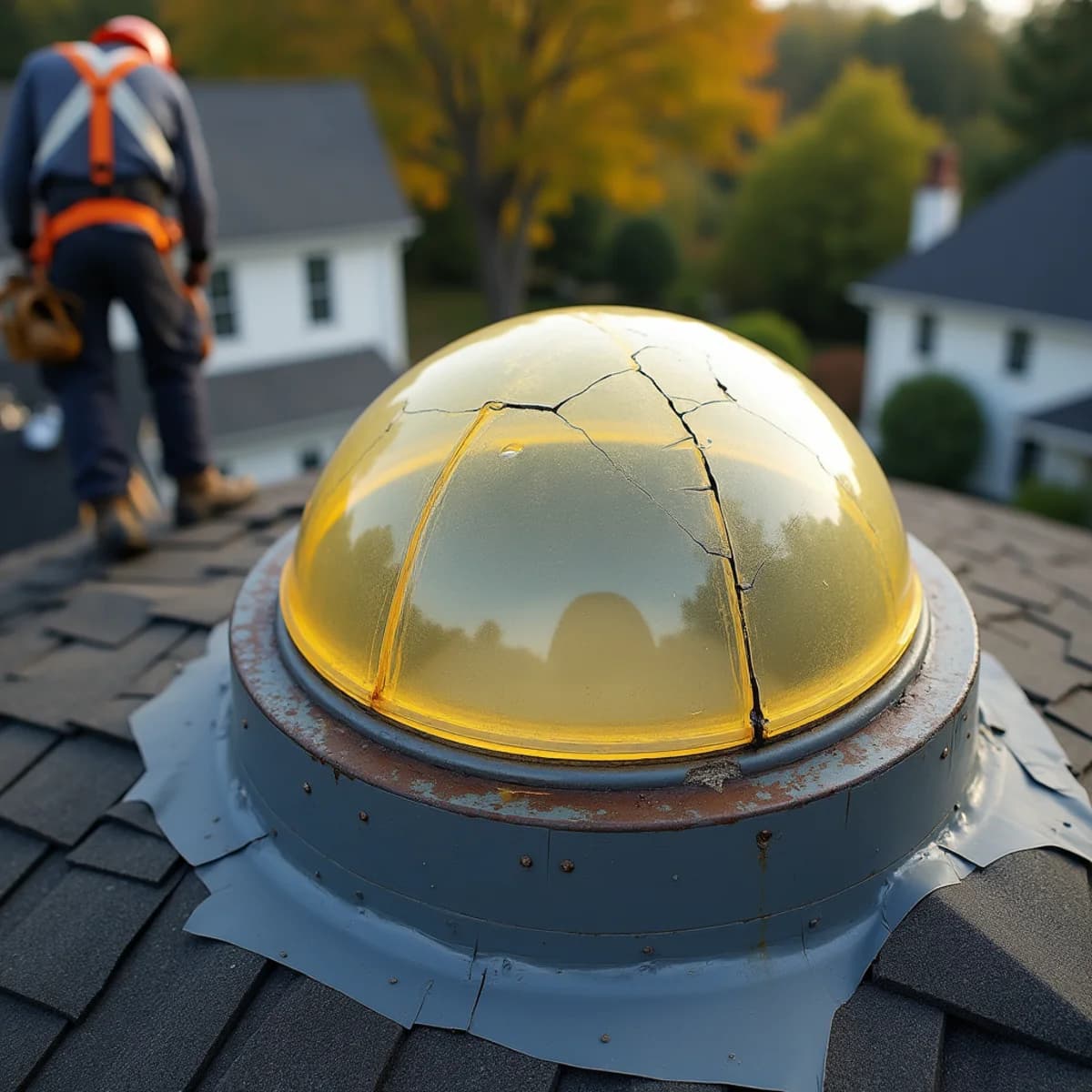 Cracked or yellowed domes: Skylight Installation warning sign on a New Jersey home