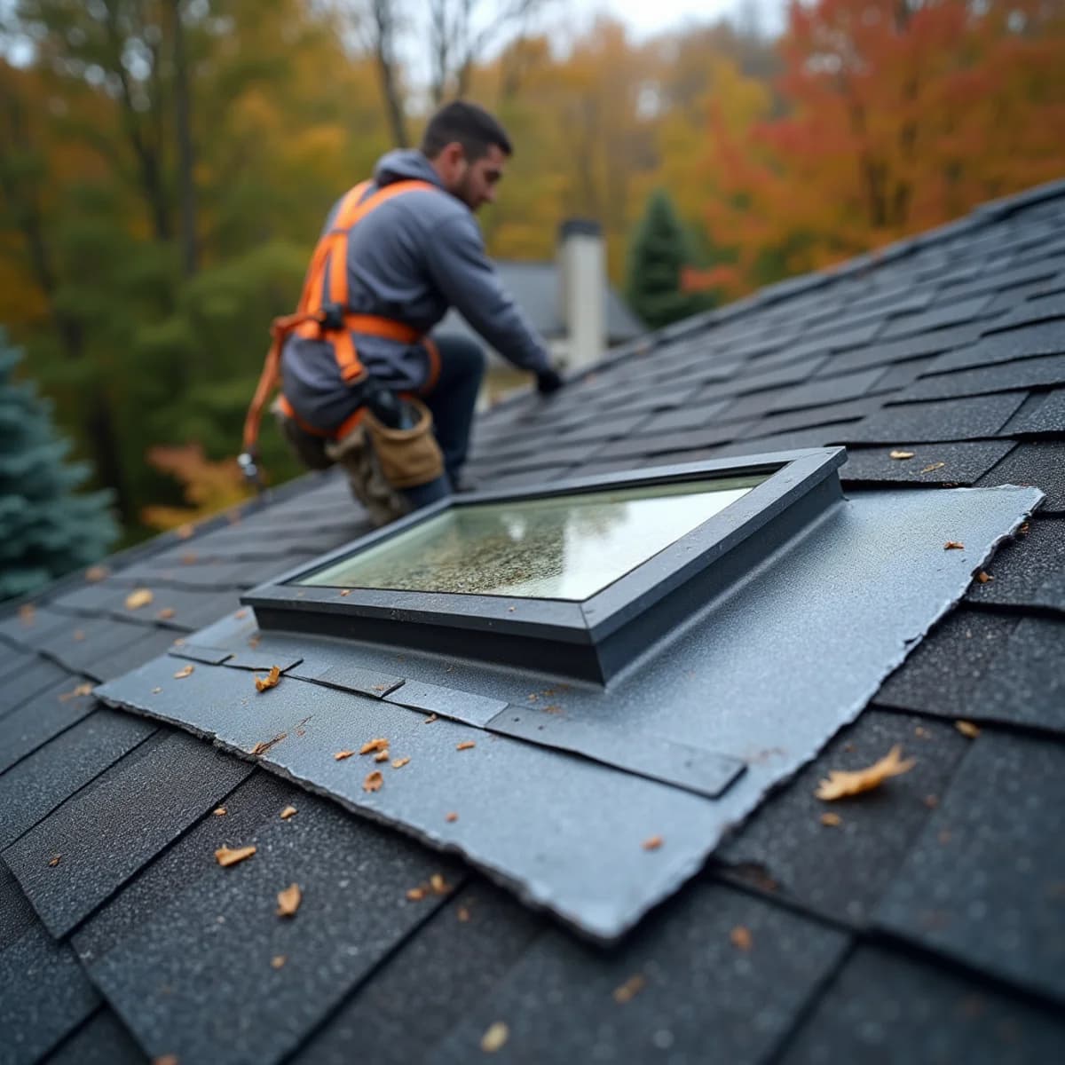 Leaks after a re-roof that skipped the skylights: Skylight Installation warning sign on a New Jersey home