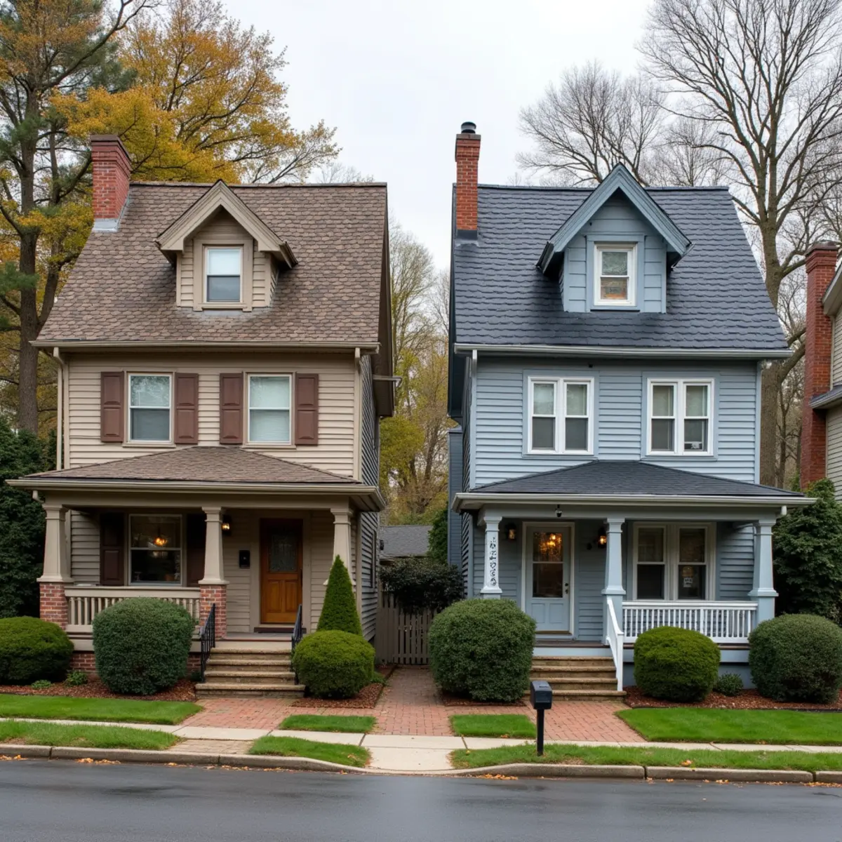 Side-by-side view of architectural asphalt shingles and standing-seam metal roofing on New Jersey homes