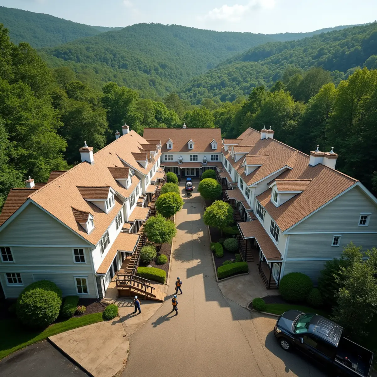 Townhouse community rooftops among wooded hills in Bedminster NJ, Somerset County