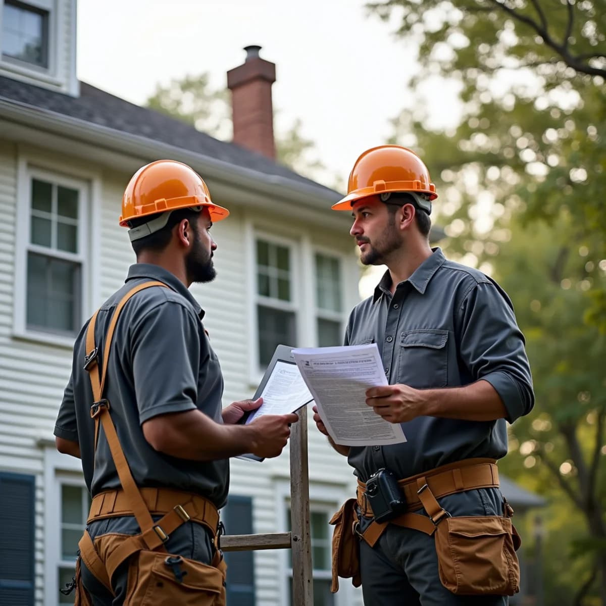 Insurance adjuster and roofing contractor reviewing storm damage documentation beside a New Jersey home