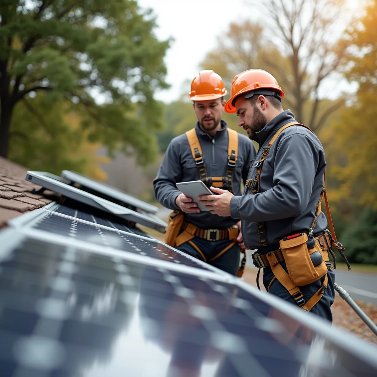Before and after solar panel installation: Roof Inspection warning sign on a New Jersey home