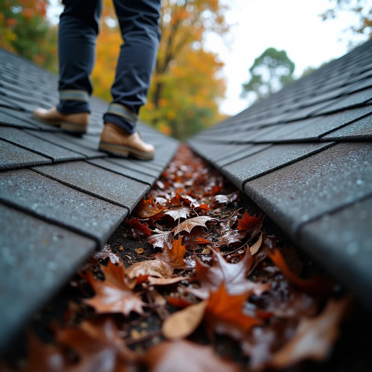 Debris decomposing in valleys: Roof Maintenance warning sign on a New Jersey home