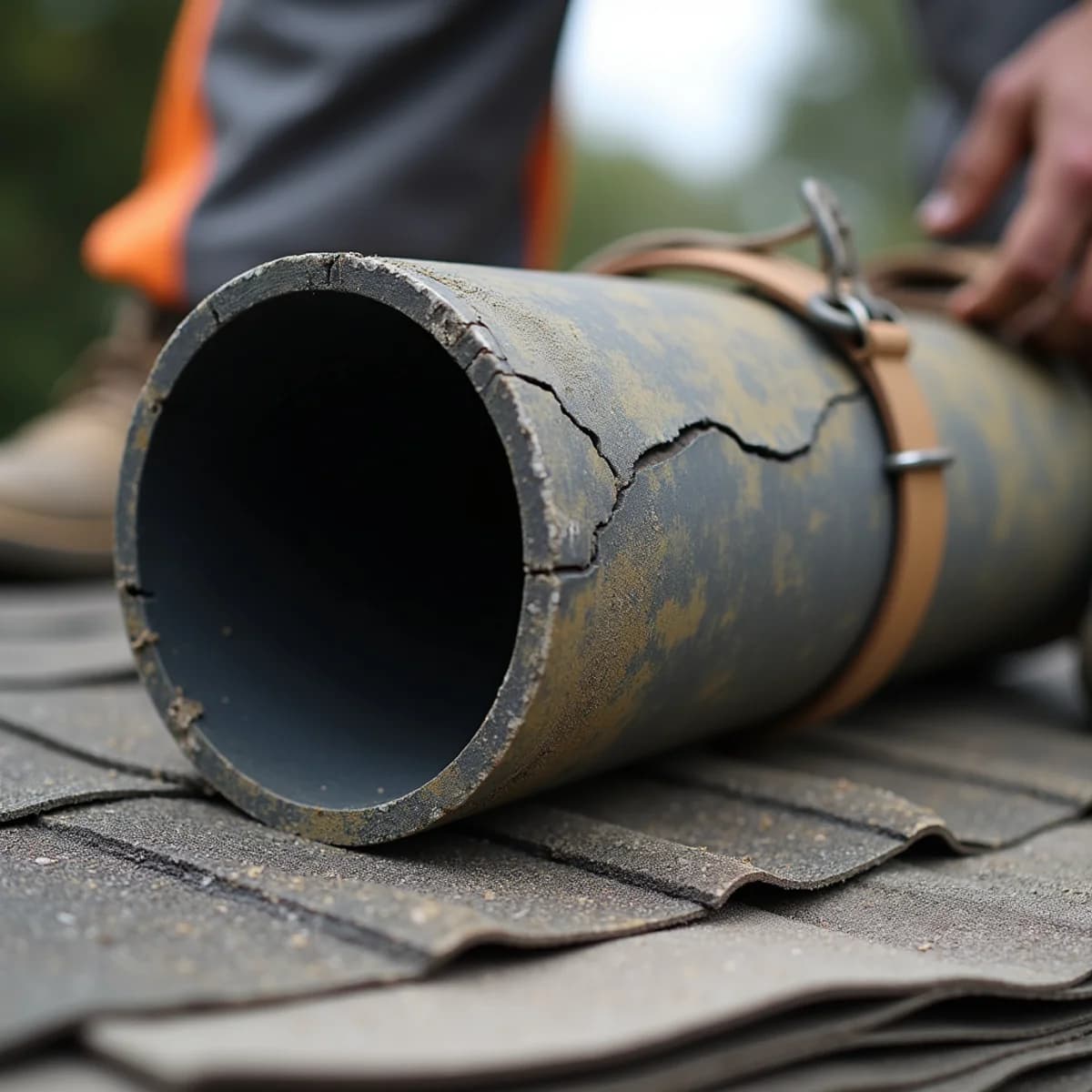 Aging pipe boots: Roof Maintenance warning sign on a New Jersey home