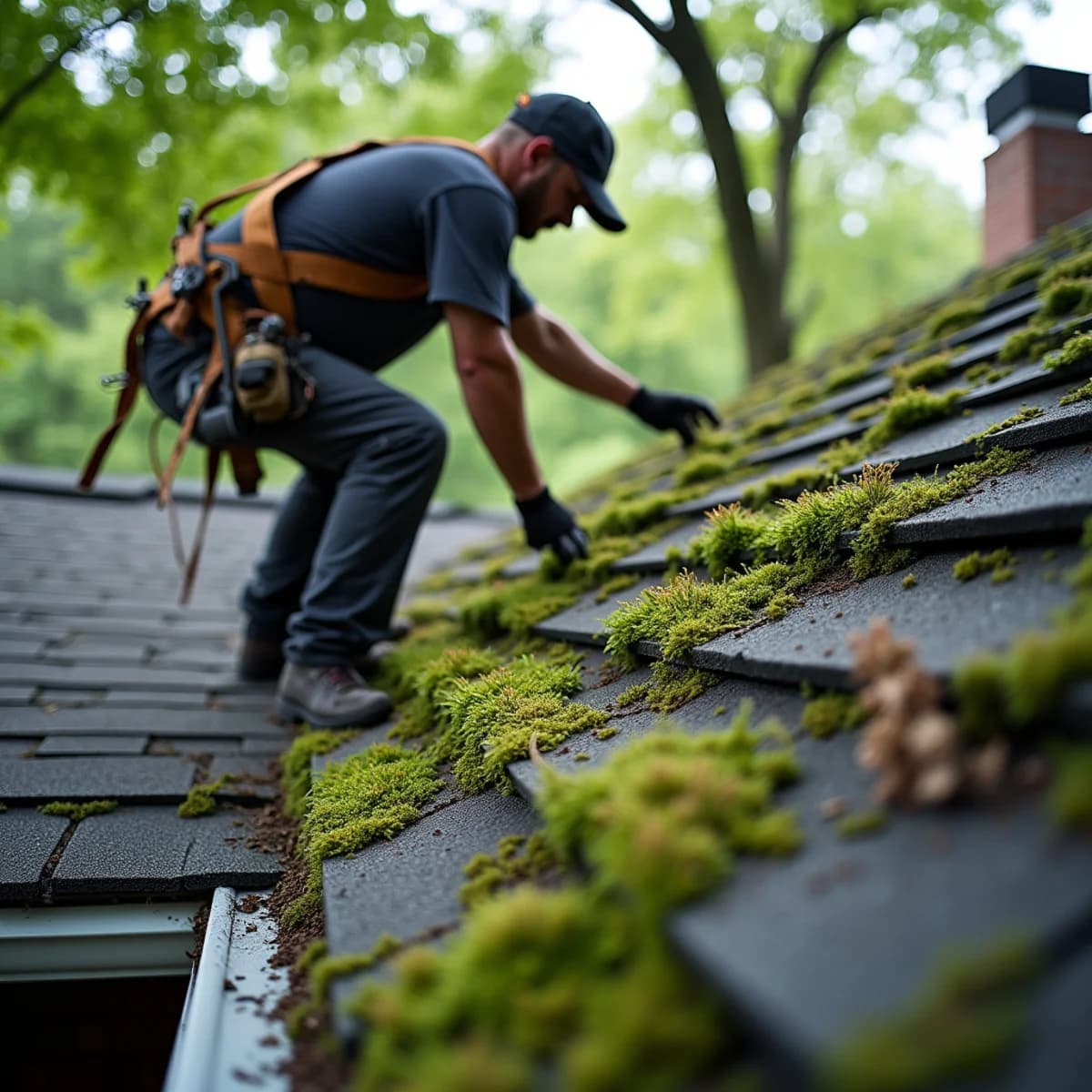 Moss and algae growth: Roof Maintenance warning sign on a New Jersey home