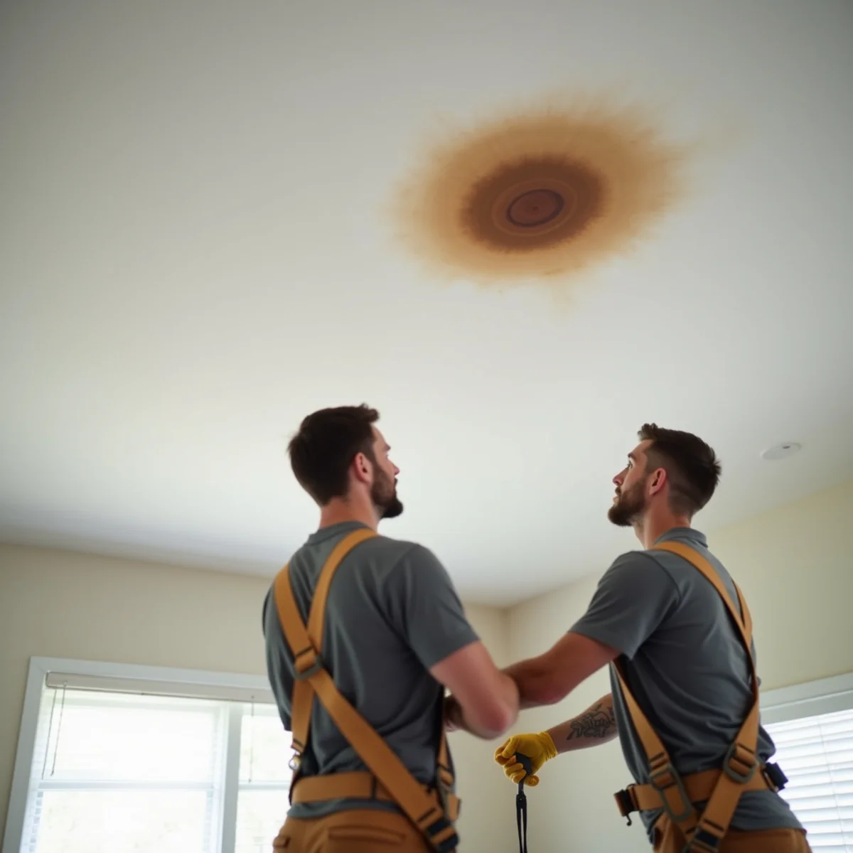 Ceiling water stains: Roof Repair warning sign on a New Jersey home