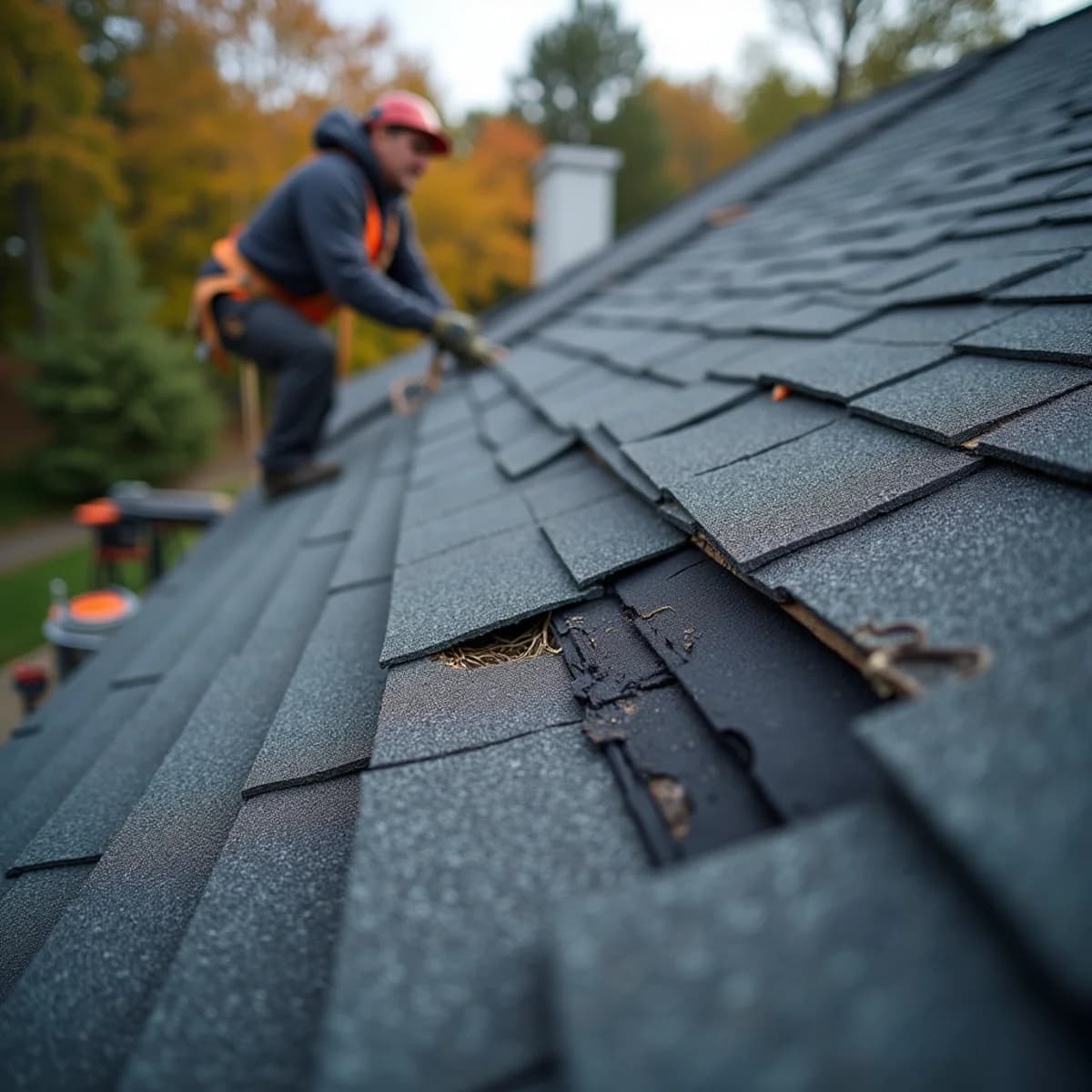 Missing or torn shingles: Roof Repair warning sign on a New Jersey home