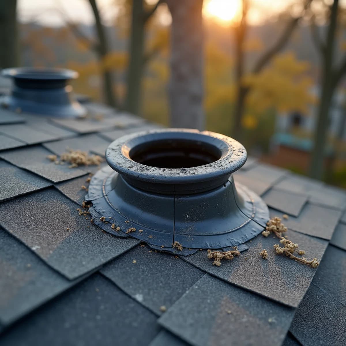 Failed pipe boots and vent seals: Roof Repair warning sign on a New Jersey home
