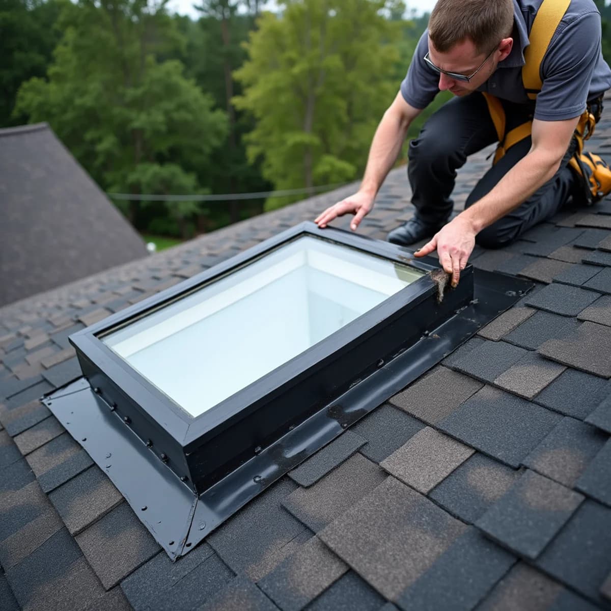 Leaks around skylights and chimneys: Roof Repair warning sign on a New Jersey home