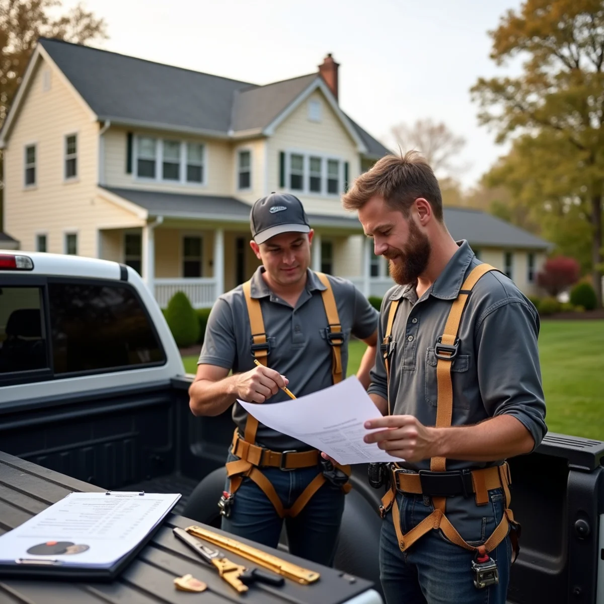Contractor reviewing a written roof replacement estimate with a homeowner outside a New Jersey home