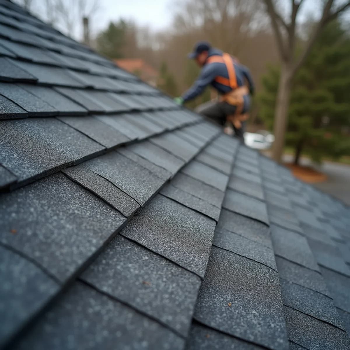 Missing and creased shingles: Storm & Hail Damage Repair warning sign on a New Jersey home