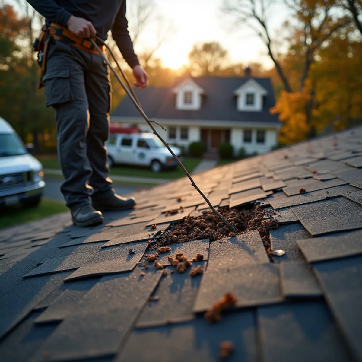 Debris impact points: Storm & Hail Damage Repair warning sign on a New Jersey home
