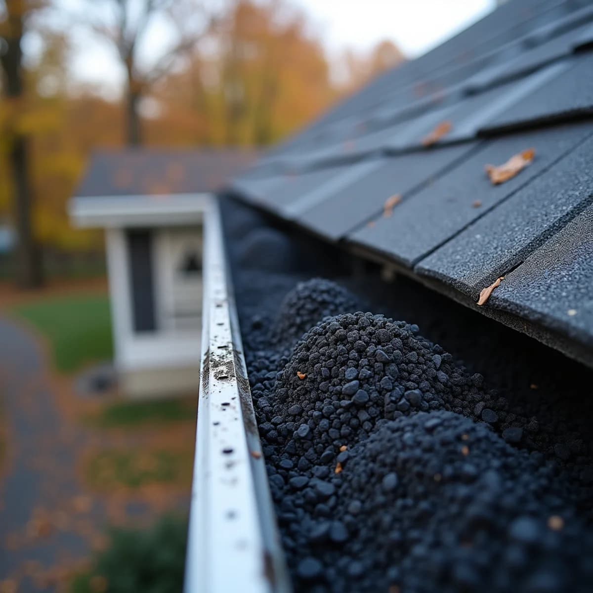 Granules piled in gutters and downspouts: Storm & Hail Damage Repair warning sign on a New Jersey home