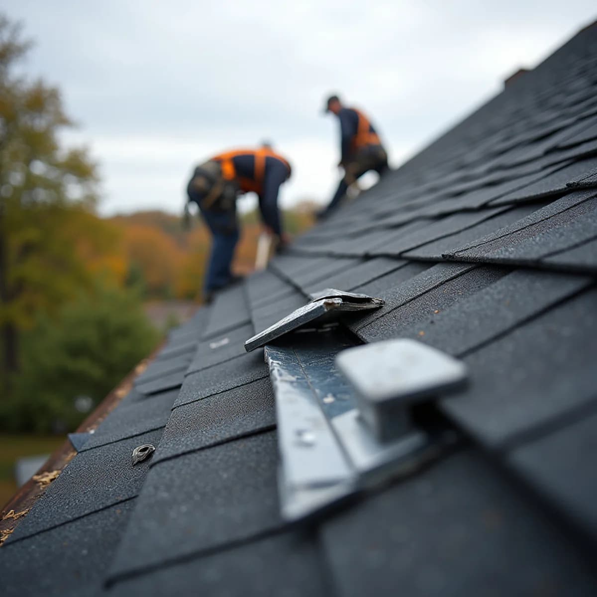Damaged ridge caps and vents: Storm & Hail Damage Repair warning sign on a New Jersey home