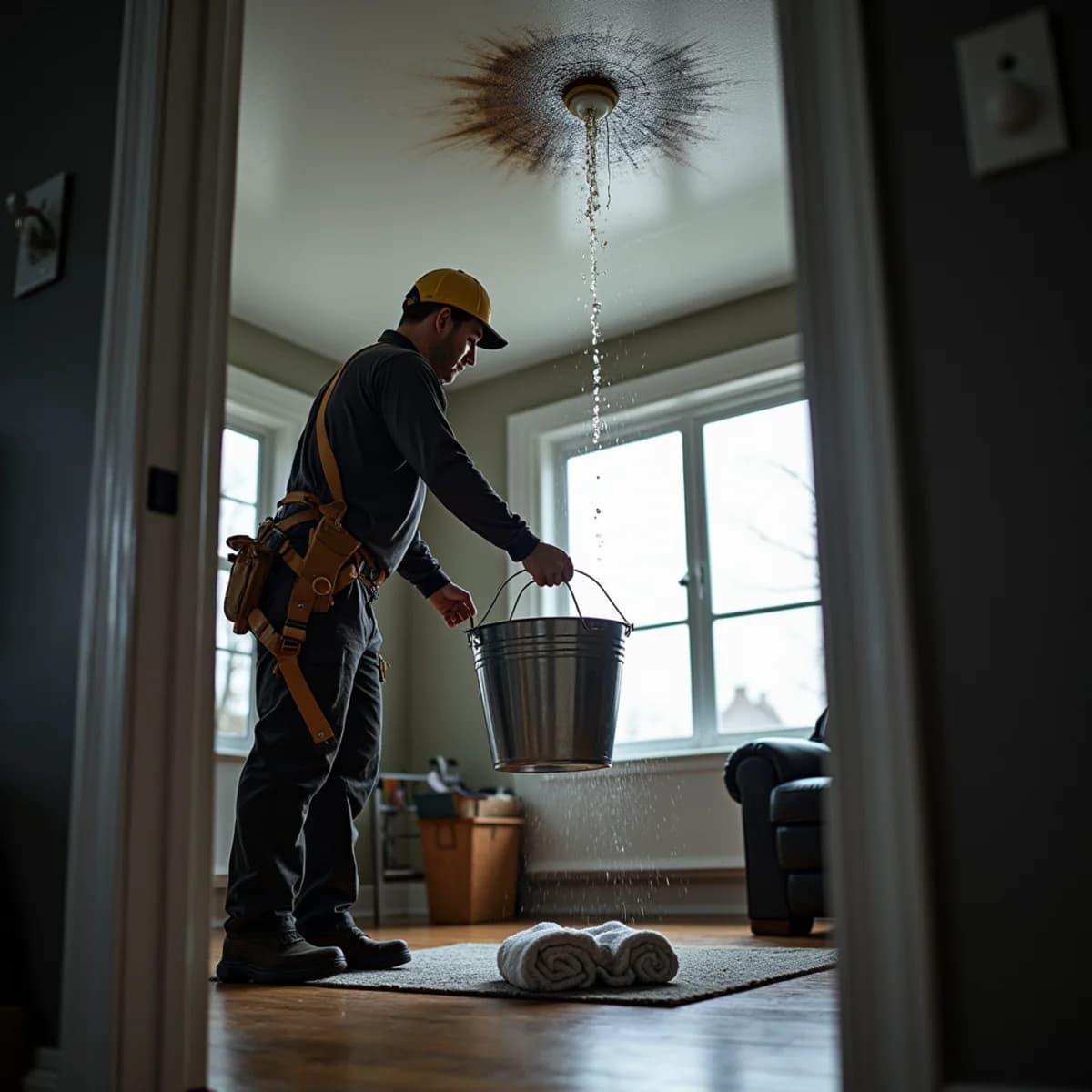 Homeowner placing a bucket under an active ceiling leak during a rainstorm